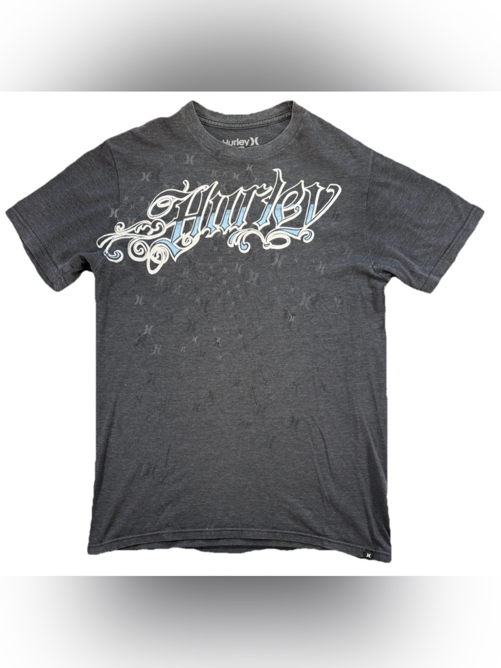 Vintage Hurley Logo AOP Y2K T Shirt Men's Medium Gray Skate Grunge Streetwear